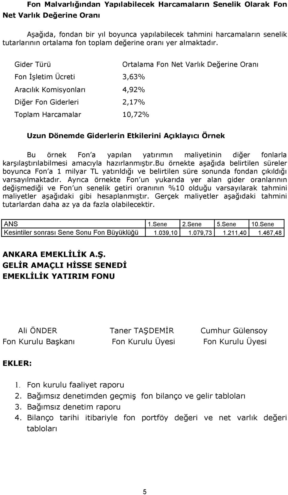 Gider Türü Ortalama Fon Net Varlık Değerine Oranı Fon İşletim Ücreti 3,63% Aracılık Komisyonları 4,92% Diğer Fon Giderleri 2,17% Toplam Harcamalar 10,72% Uzun Dönemde Giderlerin Etkilerini Açıklayıcı