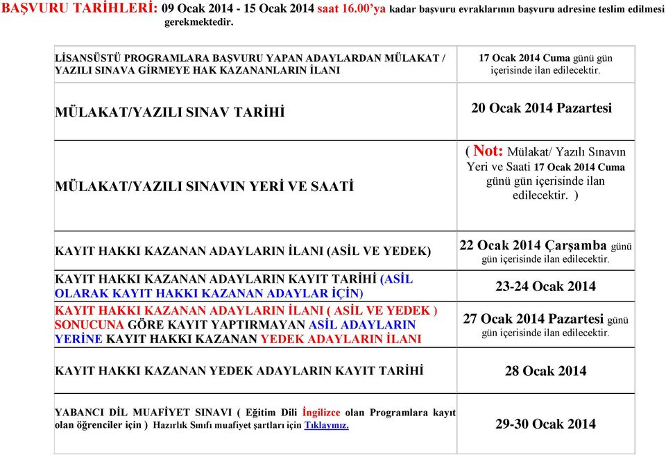 MÜLAKAT/YAZILI SINAV TARİHİ 20 Ocak 2014 Pazartesi MÜLAKAT/YAZILI SINAVIN YERİ VE SAATİ ( Not: Mülakat/ Yazılı Sınavın Yeri ve Saati 17 Ocak 2014 Cuma günü gün içerisinde ilan edilecektir.