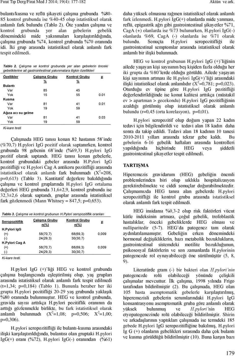 İki grup arasında istatistiksel olarak anlamlı fark tespit edilmedi. Tablo 2.