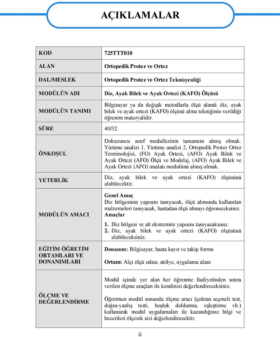 SÜRE 40/32 ÖNKOġUL YETERLĠK MODÜLÜN AMACI EĞĠTĠM ÖĞRETĠM ORTAMLARI VE DONANIMLARI Dokuzuncu sınıf modullerinin tamamını almıģ olmak.