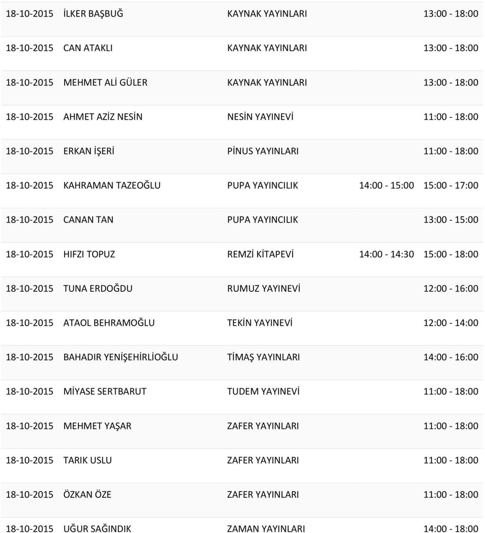 18-10-2015 HIFZI TOPUZ REMZİ KİTAPEVİ 14:00-14:30 15:00-18:00 18-10-2015 TUNA ERDOĞDU RUMUZ YAYINEVİ 12:00-16:00 18-10-2015 ATAOL BEHRAMOĞLU TEKİN YAYINEVİ 12:00-14:00 18-10-2015 BAHADIR