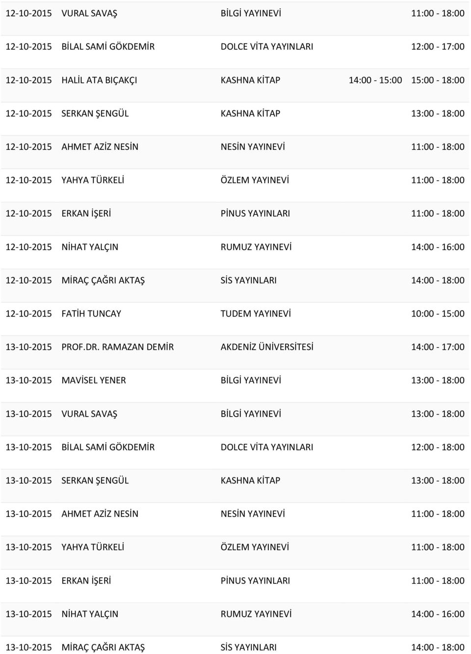 12-10-2015 NİHAT YALÇIN RUMUZ YAYINEVİ 14:00-16:00 12-10-2015 MİRAÇ ÇAĞRI AKTAŞ SİS YAYINLARI 14:00-18:00 12-10-2015 FATİH TUNCAY TUDEM YAYINEVİ 10:00-15:00 13-10-2015 PROF.DR.