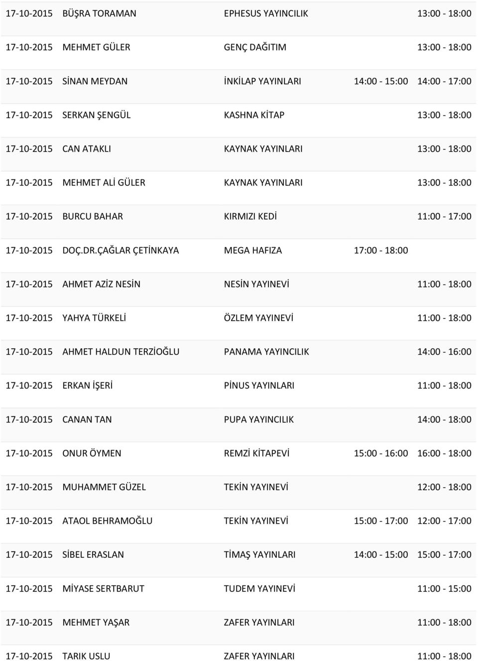 ÇAĞLAR ÇETİNKAYA MEGA HAFIZA 17:00-18:00 17-10-2015 AHMET AZİZ NESİN NESİN YAYINEVİ 11:00-18:00 17-10-2015 YAHYA TÜRKELİ ÖZLEM YAYINEVİ 11:00-18:00 17-10-2015 AHMET HALDUN TERZİOĞLU PANAMA YAYINCILIK