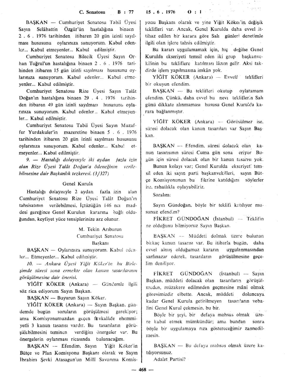 1976 tarihinden itibaren 15 gün izinli sayılması hususunu oylarınıza sunuyorum. Kabul edenler... Kabul etmeyenler... Kabul edilmiştir.