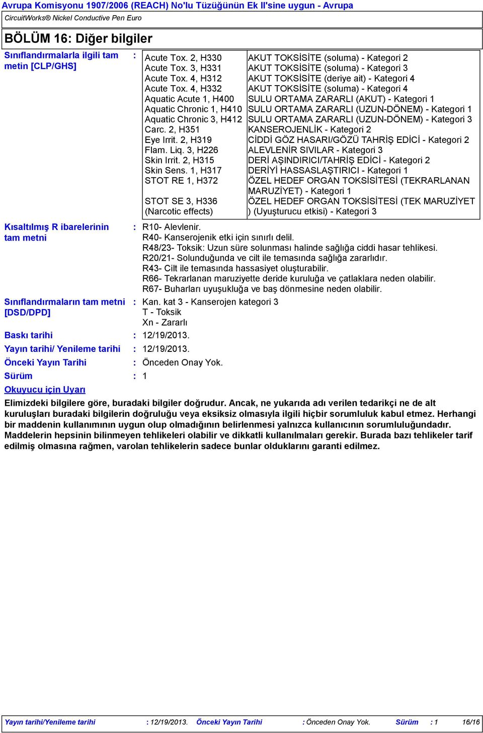 3, H331 AKUT TOKSİSİTE (soluma) Kategori 3 Acute Tox. 4, H312 AKUT TOKSİSİTE (deriye ait) Kategori 4 Acute Tox.