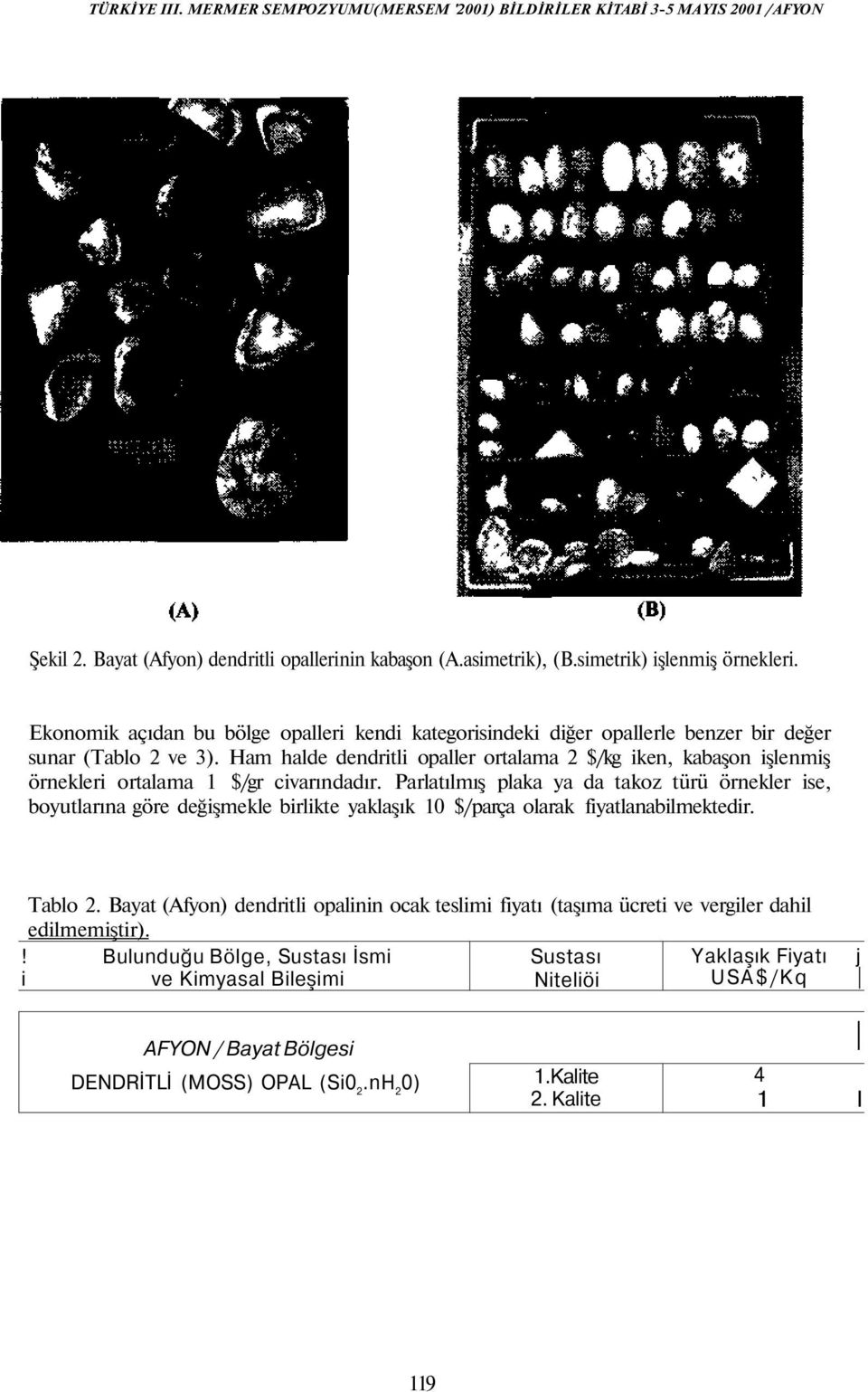 Ham halde dendritli opaller ortalama 2 $/kg iken, kabaşon işlenmiş örnekleri ortalama 1 $/gr civarındadır.