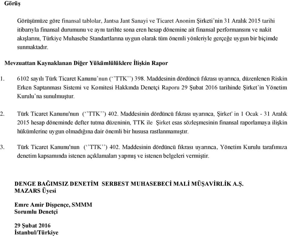 Mevzuattan Kaynaklanan Diğer Yükümlülüklere İlişkin Rapor 1. 6102 sayılı Türk Ticaret Kanunu nun ( TTK ) 398.