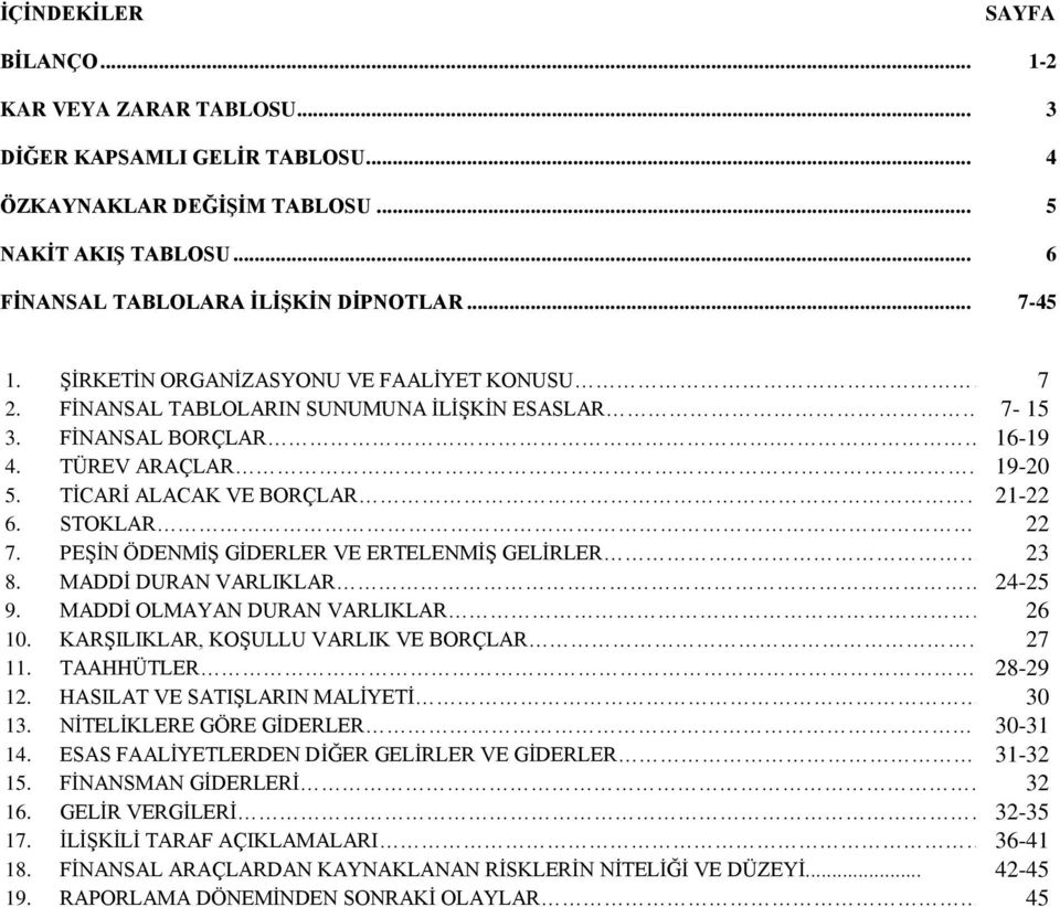 STOKLAR 22 7. PEŞİN ÖDENMİŞ GİDERLER VE ERTELENMİŞ GELİRLER 23 8. MADDİ DURAN VARLIKLAR. 24-25 9. MADDİ OLMAYAN DURAN VARLIKLAR..26 10. KARŞILIKLAR, KOŞULLU VARLIK VE BORÇLAR.27 11.