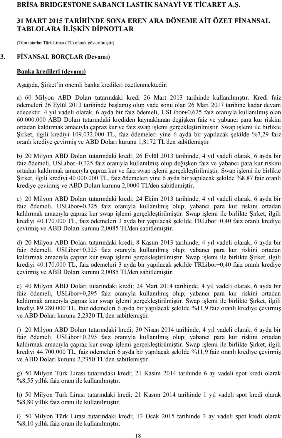 4 yıl vadeli olarak, 6 ayda bir faiz ödemeli, USLibor+0,625 faiz oranıyla kullanılmış olan 60.000.