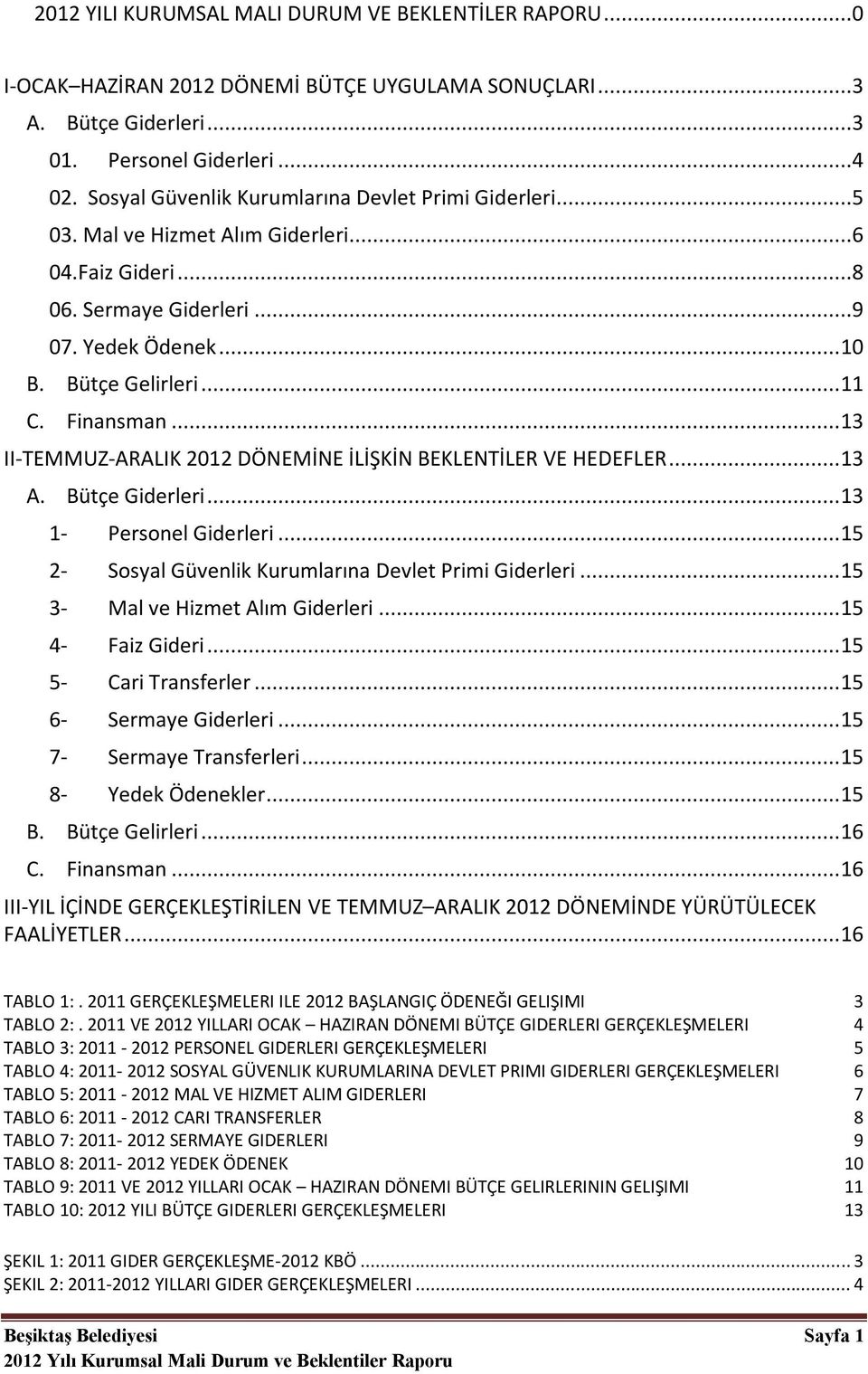 ..13 II-TEMMUZ-ARALIK 2012 DÖNEMİNE İLİŞKİN BEKLENTİLER VE HEDEFLER...13 A. Bütçe Giderleri...13 1- Personel Giderleri...15 2- Sosyal Güvenlik Kurumlarına Devlet Primi Giderleri.