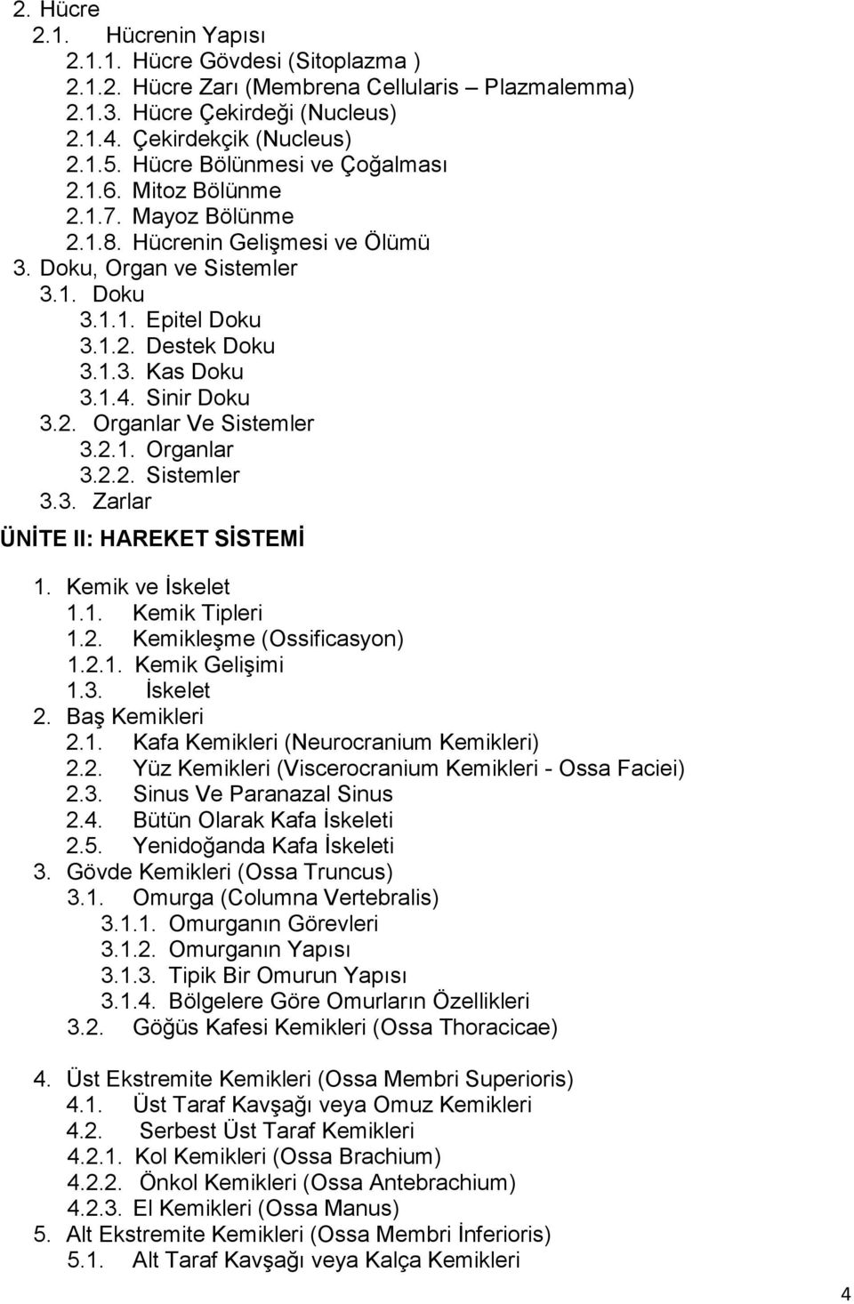 1.4. Sinir Doku 3.2. Organlar Ve Sistemler 3.2.1. Organlar 3.2.2. Sistemler 3.3. Zarlar ÜNİTE II: HAREKET SİSTEMİ 1. Kemik ve İskelet 1.1. Kemik Tipleri 1.2. Kemikleşme (Ossificasyon) 1.2.1. Kemik Gelişimi 1.