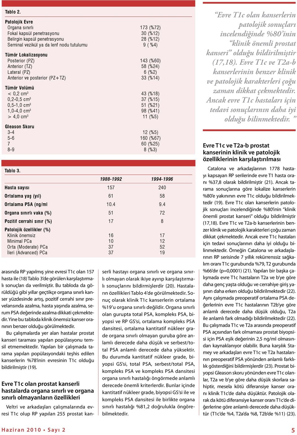 posterior (PZ+TZ) Tümör Volümü < 0,2 cm 3 0,2-0,5 cm 3 0,5-1,0 cm 3 1,0-4,0 cm 3 > 4,0 cm 3 Gleason Skoru 3-4 5-6 7 8-9 arasında RP yapılmış yine evresi T1c olan 157 hasta ile (18) Tablo 3 de görülen