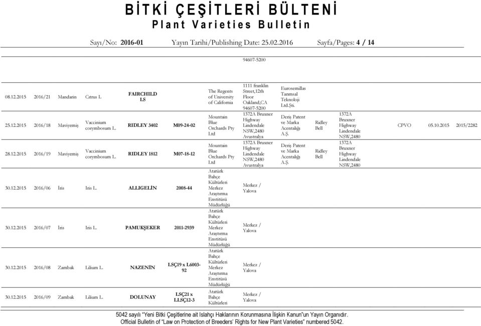 12.2015 2016/07 İris Iris PAMUKŞEKER 2011-2939 30.12.2015 2016/08 Zambak Lilium NAZENİN 30.12.2015 2016/09 Zambak Lilium DOLUNAY LSÇ19 x L6003-92 LSÇ21 x LLSÇ12-3 The Regents of University of