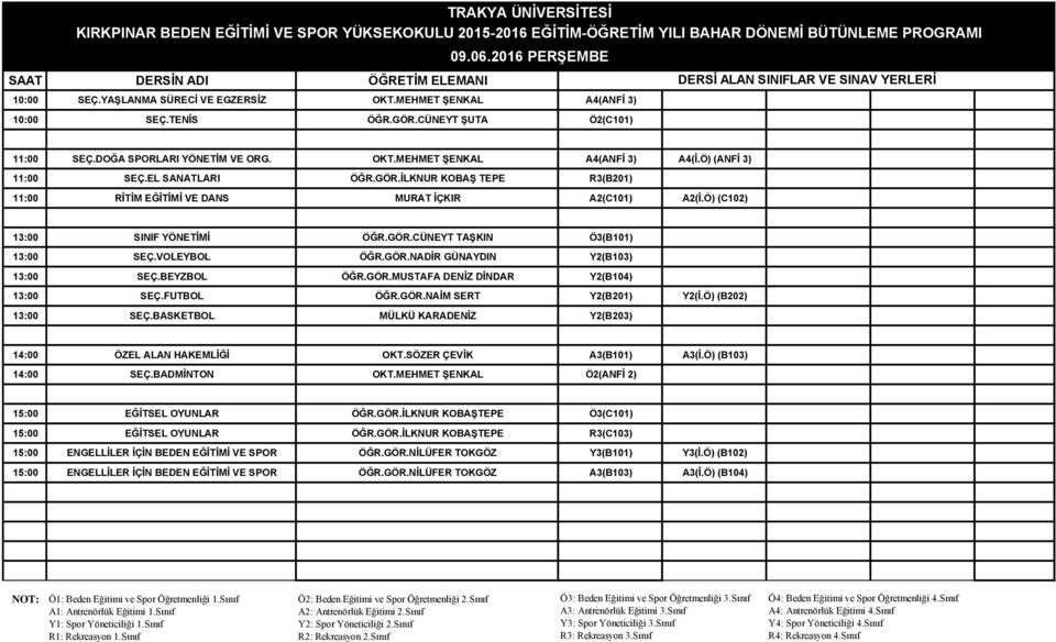 VOLEYBOL ÖĞR.GÖR.NADİR GÜNAYDIN Y2(B103) 13:00 SEÇ.BEYZBOL ÖĞR.GÖR.MUSTAFA DENİZ DİNDAR Y2(B104) 13:00 SEÇ.FUTBOL ÖĞR.GÖR.NAİM SERT Y2(B201) Y2(İ.Ö) (B202) 13:00 SEÇ.