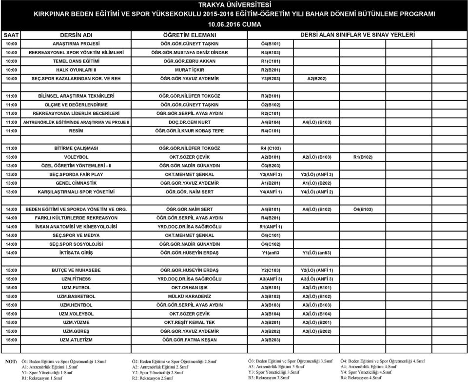 GÖR.SERPİL AYAS AYDIN R2(C101) 11:00 ANTRENÖRLÜK EĞİTİMİNDE ARAŞTIRMA VE PROJE II DOÇ.DR.CEM KURT A4(B104) A4(İ.Ö) (B103) 11:00 RESİM ÖĞR.GÖR.İLKNUR KOBAŞ TEPE R4(C101) 11:00 BİTİRME ÇALIŞMASI ÖĞR.