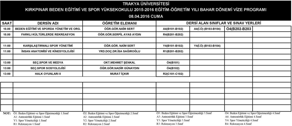 Ö) (B103-B104) 11:00 İNSAN ANATOMİSİ VE KİNESYOLOJİSİ YRD.DOÇ.DR.İSA SAĞIROĞLU R1(B201-B202) 13:00 SEÇ.SPOR VE MEDYA OKT.