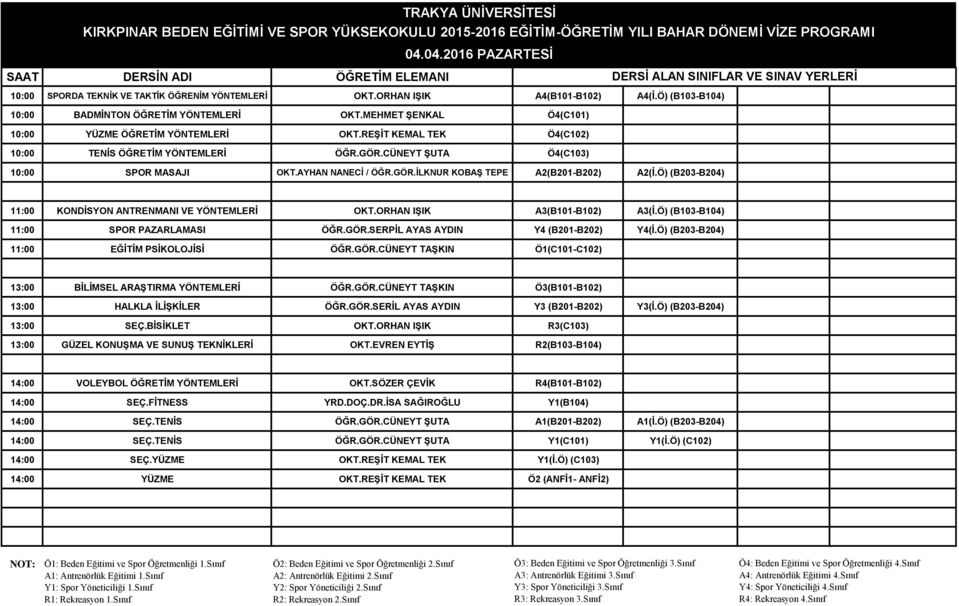Ö) (B203-B204) 11:00 KONDİSYON ANTRENMANI VE YÖNTEMLERİ OKT.ORHAN IŞIK A3(B101-B102) A3(İ.Ö) (B103-B104) 11:00 SPOR PAZARLAMASI ÖĞR.GÖR.SERPİL AYAS AYDIN Y4 (B201-B202) Y4(İ.