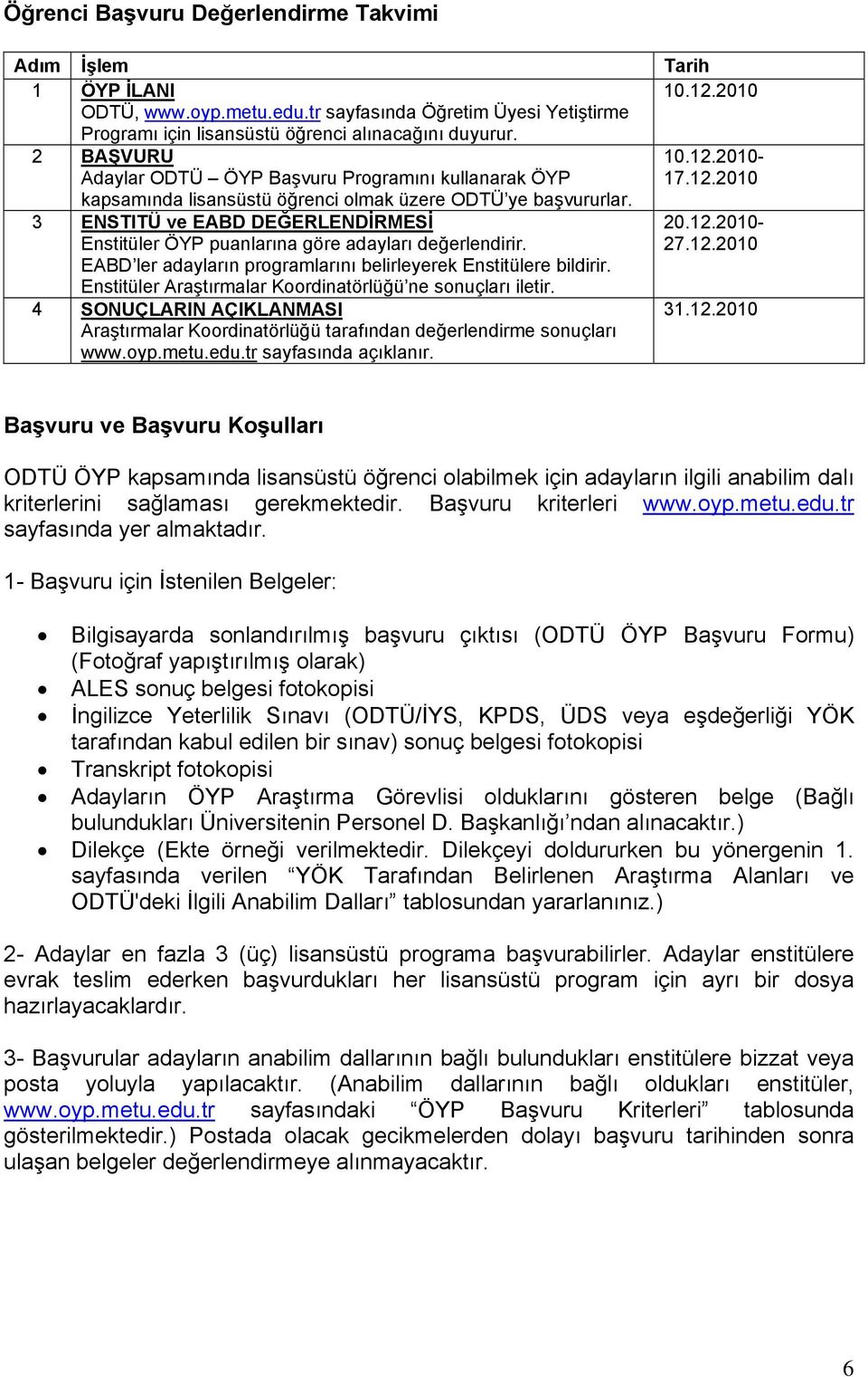 2010-17.12.2010 3 ENSTITÜ ve EABD DEĞERLENDİRMESİ Enstitüler ÖYP puanlarına göre adayları değerlendirir. EABD ler adayların programlarını belirleyerek Enstitülere bildirir.