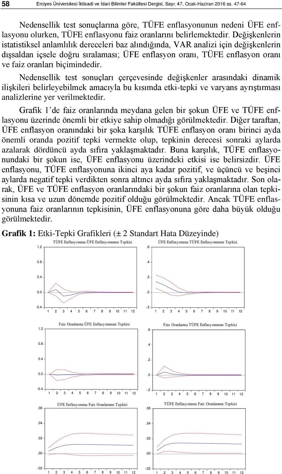 Değişkenlerin istatistiksel anlamlılık dereceleri baz alındığında, VAR analizi için değişkenlerin dışsaldan içsele doğru sıralaması; ÜFE enflasyon oranı, TÜFE enflasyon oranı ve faiz oranları