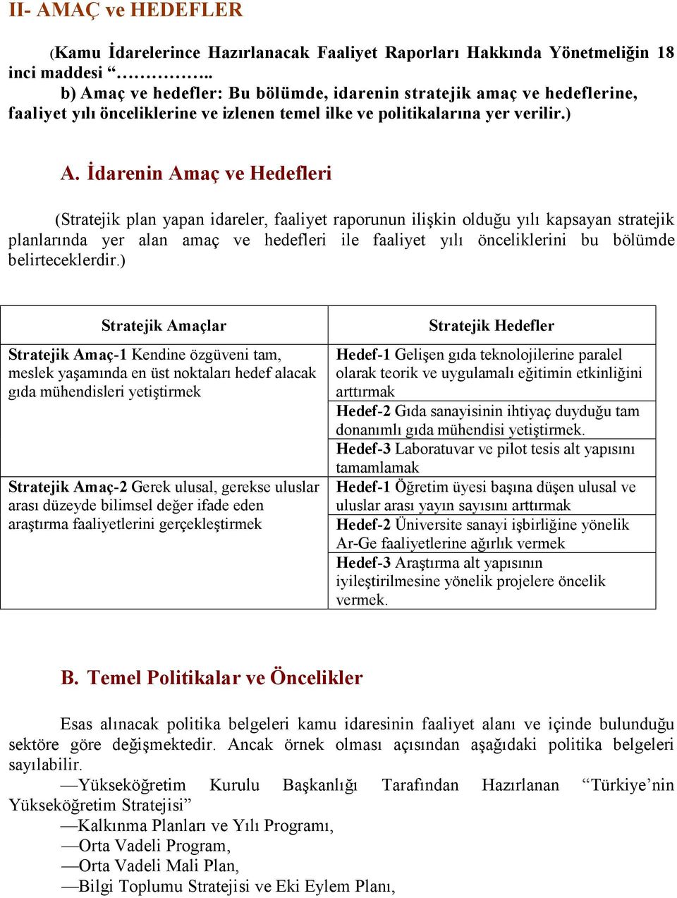 aç ve hedefler: Bu bölümde, idarenin stratejik amaç ve hedeflerine, faaliyet yılı önceliklerine ve izlenen temel ilke ve politikalarına yer verilir.) A.