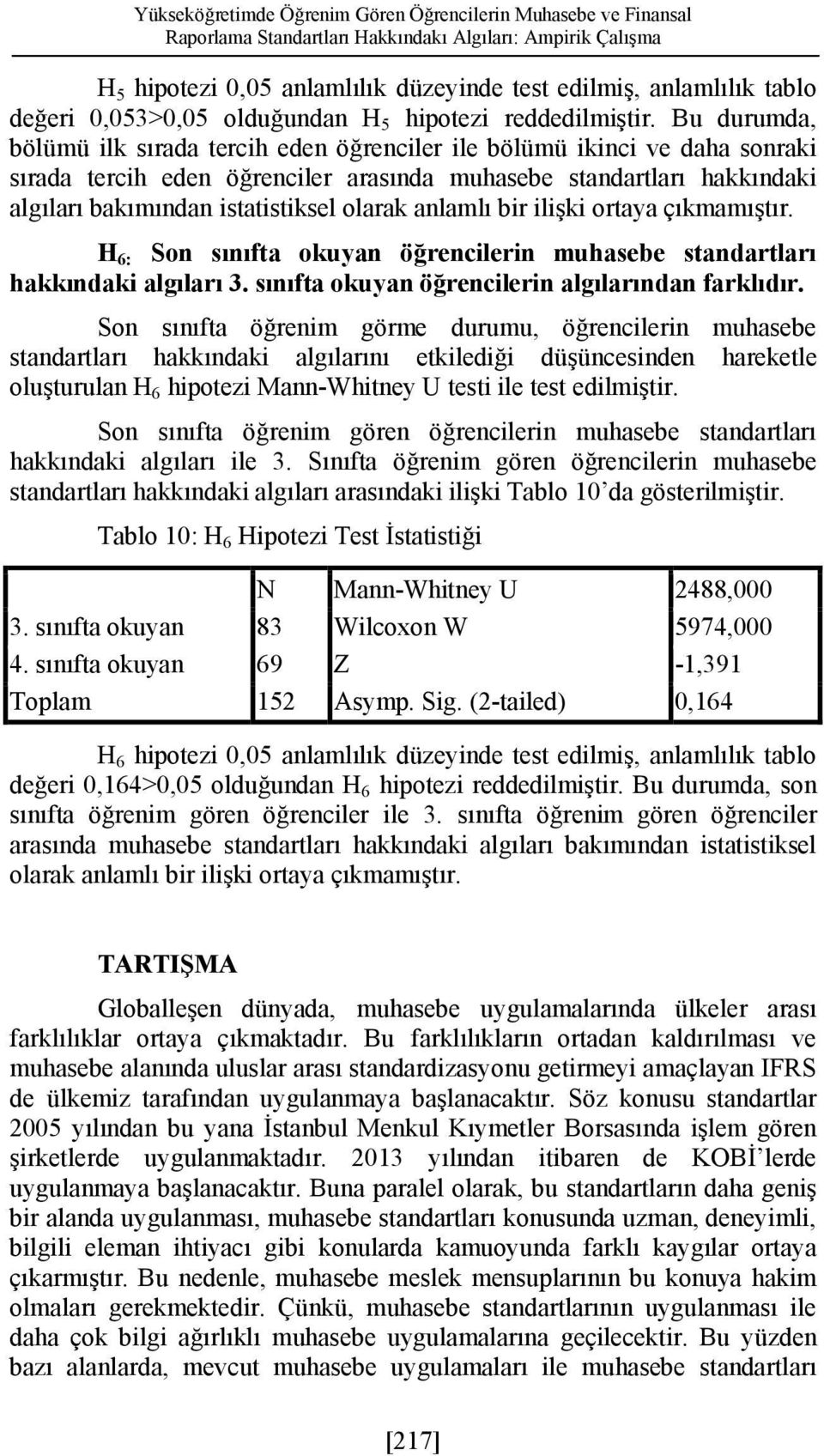 Bu durumda, bölümü ilk sırada tercih eden öğrenciler ile bölümü ikinci ve daha sonraki sırada tercih eden öğrenciler arasında muhasebe standartları hakkındaki algıları bakımından istatistiksel olarak