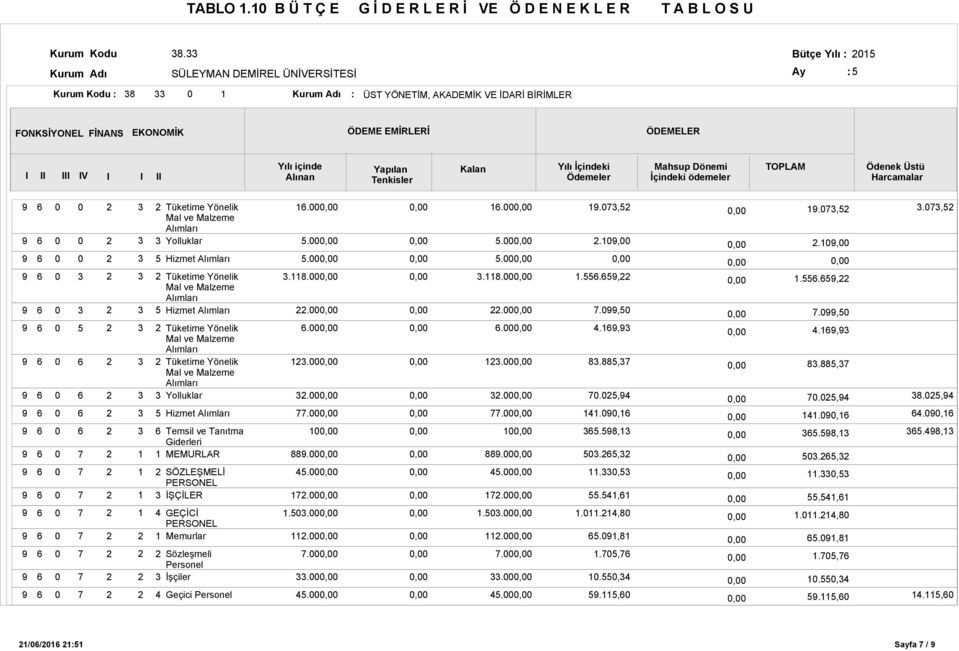 Alınan Tenkisler Kalan Yılı İçindeki Ödemeler Mahsup Dönemi İçindeki ödemeler TOPLAM Ödenek Üstü Harcamalar Hizmet Hizmet Hizmet Temsil ve Tanıtma