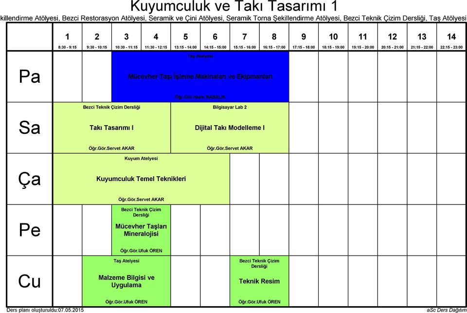 Gör.Servet AKAR Bezci Teknik Çizim Dersliği Mücevher Taşları Mineralojisi Öğr.Gör.Ufuk ÖREN Taş Atelyesi Malzeme Bilgisi ve Uygulama Bezci Teknik Çizim Dersliği Teknik Resim Öğr.