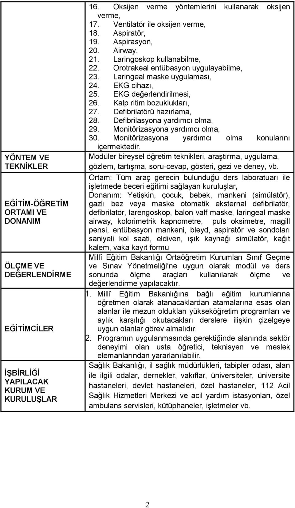 EKG değerlendirilmesi, 26. Kalp ritim bozuklukları, 27. Defibrilatörü hazırlama, 28. Defibrilasyona yardımcı olma, 29. Monitörizasyona yardımcı olma, 30.