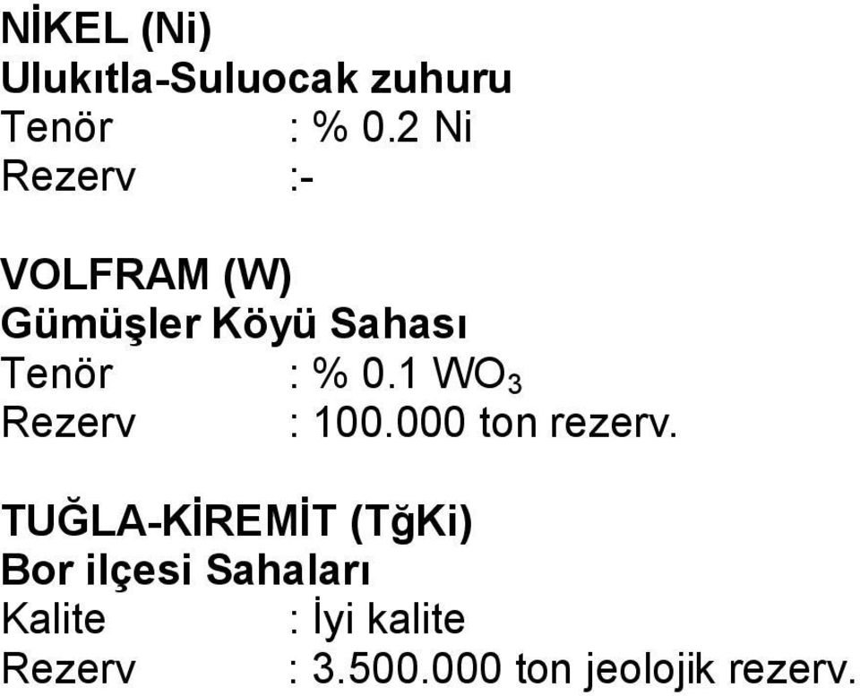 1 WO 3 Rezerv : 100.000 ton rezerv.