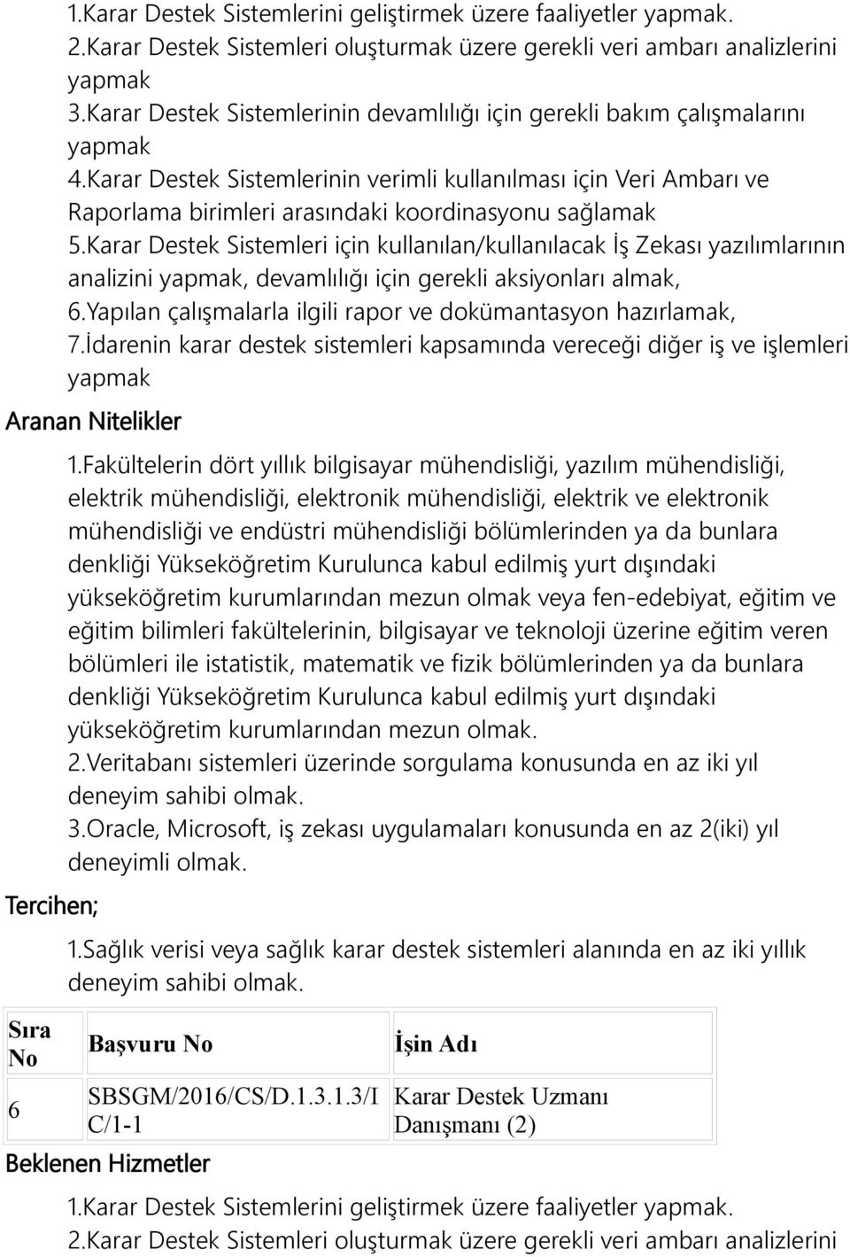 Karar Destek Sistemleri için kullanılan/kullanılacak İş Zekası yazılımlarının analizini, devamlılığı için gerekli aksiyonları almak, 6.Yapılan çalışmalarla ilgili rapor ve dokümantasyon hazırlamak, 7.