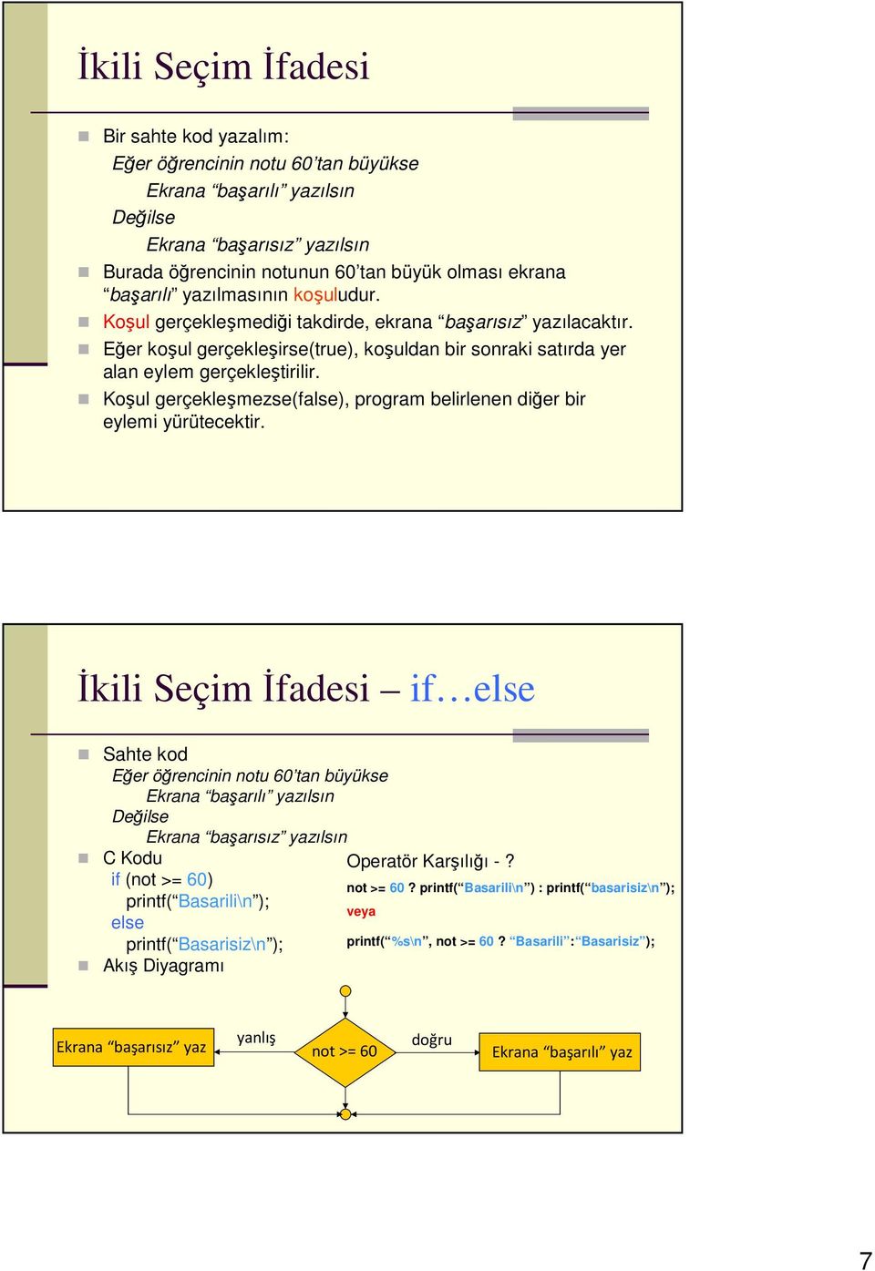 Koşul gerçekleşmezse(false), program belirlenen diğer bir eylemi yürütecektir.