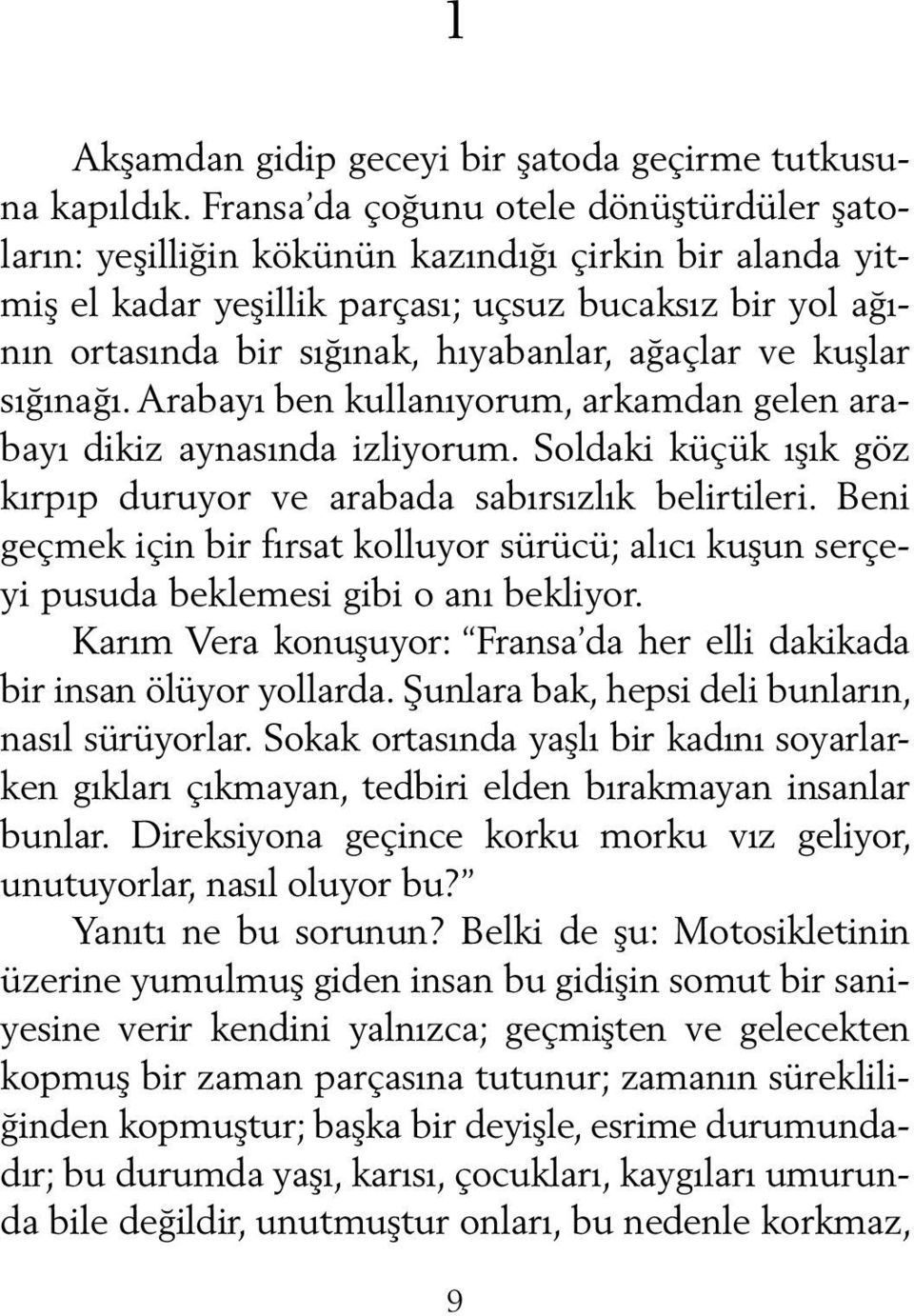 ağaçlar ve kuşlar sığınağı. Arabayı ben kullanıyorum, arkamdan gelen arabayı dikiz aynasında izliyorum. Soldaki küçük ışık göz kırpıp duruyor ve arabada sabırsızlık belirtileri.