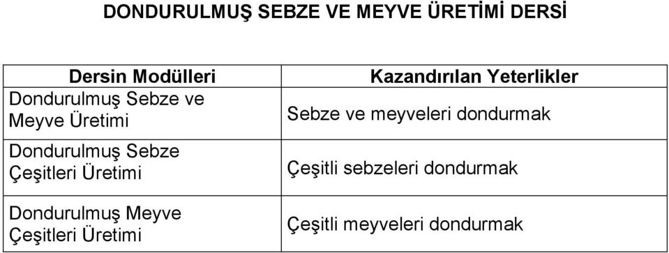 Üretimi Dondurulmuş Meyve Çeşitleri Üretimi Kazandırılan Yeterlikler