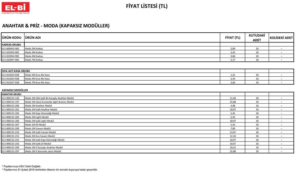 ANAHTAR GRUBU 611-000131-136 Moda 1M 16A Işıklı İki Kutuplu Anahtar Modül 11,40 10-611-000131-197 Moda 1M Jaluzi Kumanda Light Butonu Modül 25,88 10-611-000131-200 Moda 1M Anahtar Modül 4,98