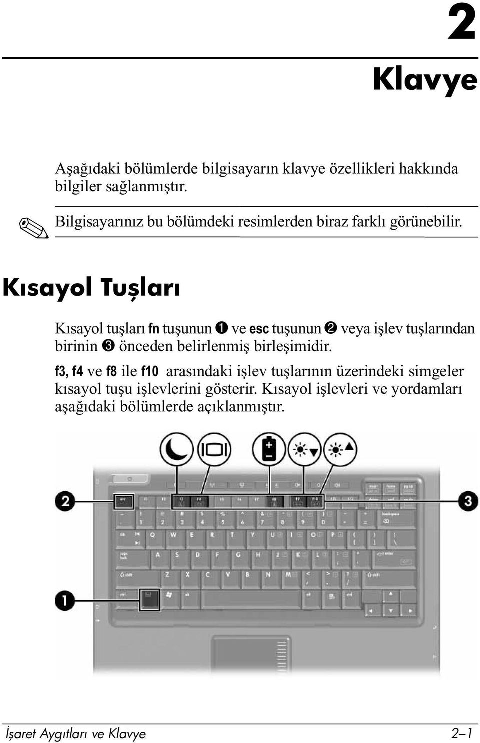 Kısayol Tuşları Kısayol tuşları fn tuşunun 1 ve esc tuşunun 2 veya işlev tuşlarından birinin 3 önceden belirlenmiş