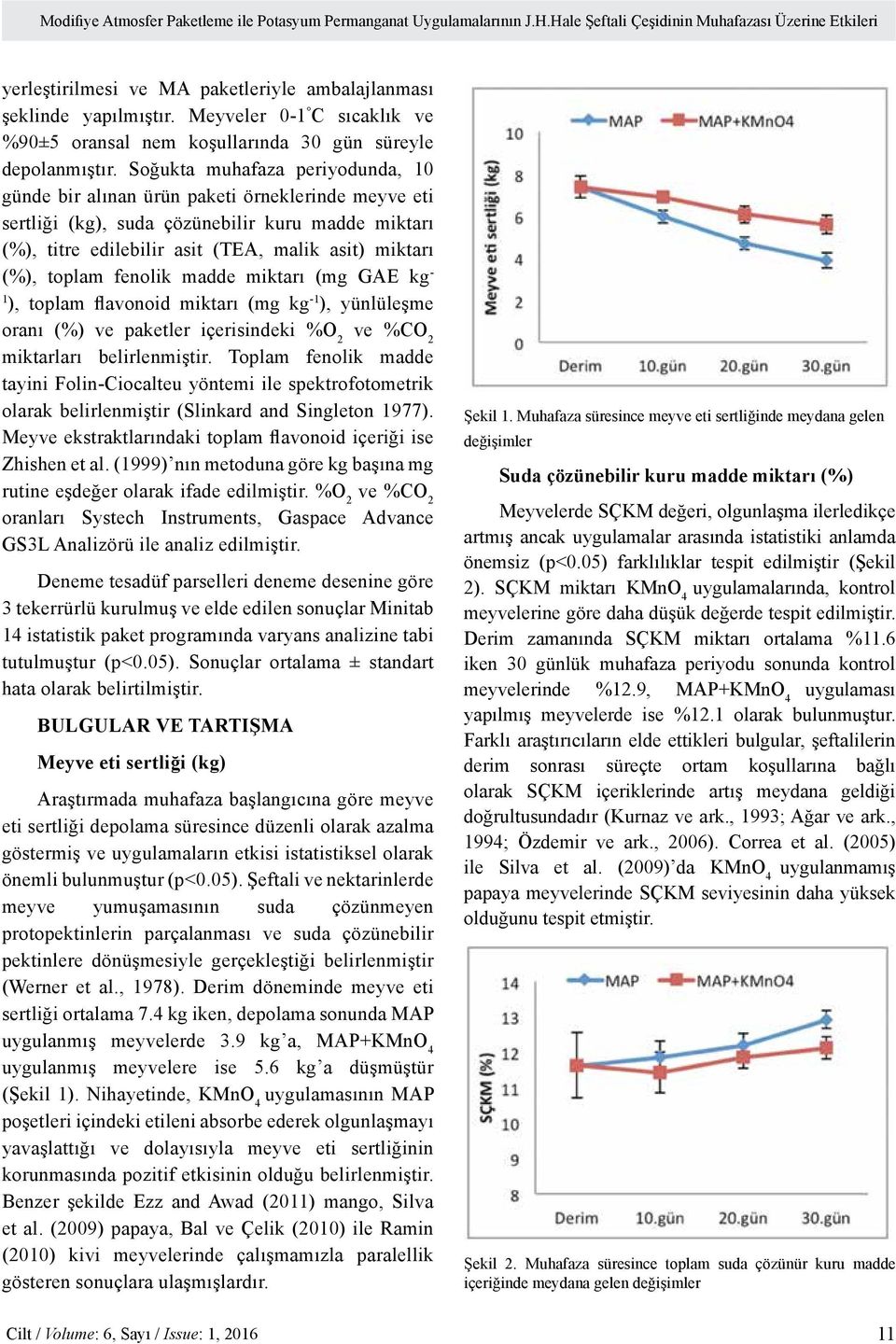 Soğukta muhafaza periyodunda, 10 günde bir alınan ürün paketi örneklerinde meyve eti sertliği (kg), suda çözünebilir kuru madde miktarı (%), titre edilebilir asit (TEA, malik asit) miktarı (%),