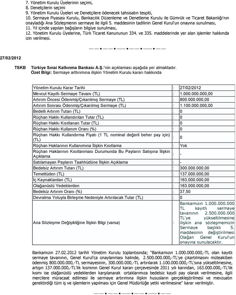 maddesinin tadilinin Genel Kurul'un onayına sunulması, 11. Yıl içinde yapılan bağışların bilgiye sunulması, 12. Yönetim Kurulu Üyelerine, Türk Ticaret Kanununun 334. ve 335.