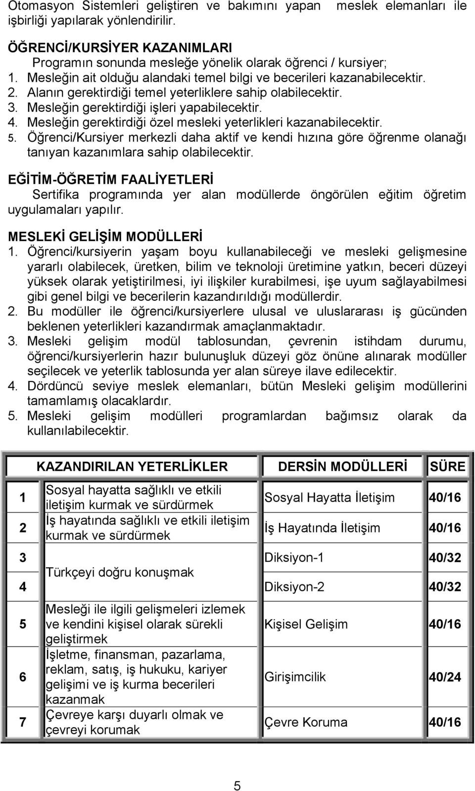 Mesleğin gerektirdiği özel mesleki yeterlikleri kazanabilecektir. 5. Öğrenci/Kursiyer merkezli daha aktif ve kendi hızına göre öğrenme olanağı tanıyan kazanımlara sahip olabilecektir.