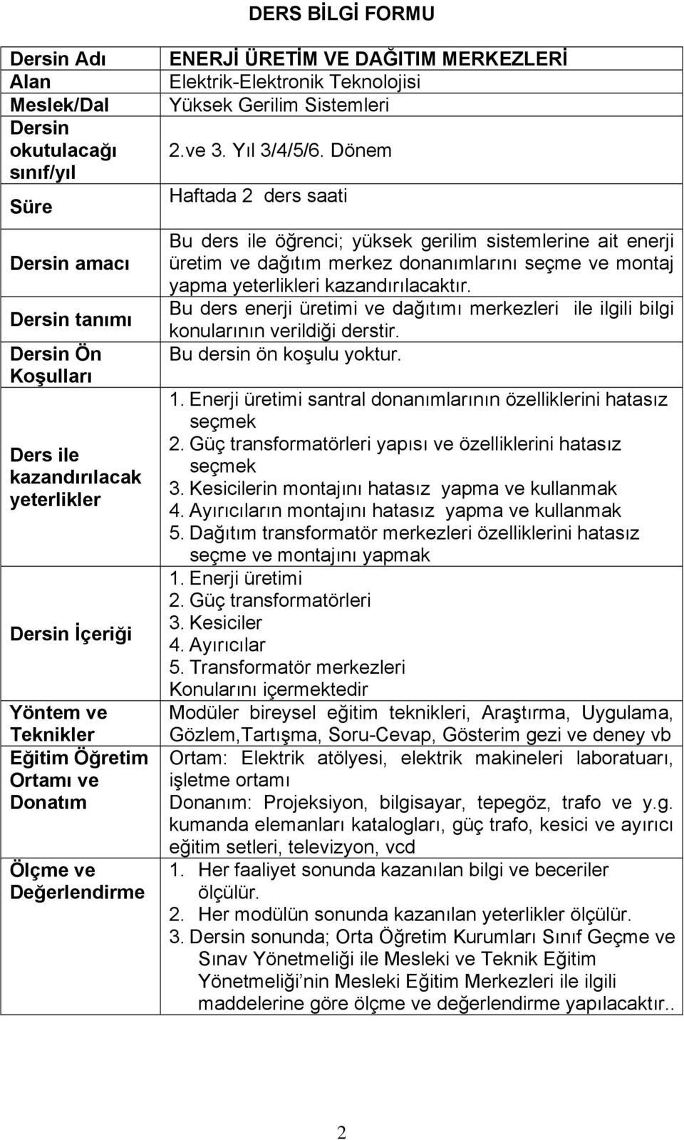 Dönem Haftada 2 ders saati Bu ders ile öğrenci; yüksek gerilim sistemlerine ait enerji üretim ve dağıtım merkez donanımlarını seçme ve montaj yapma yeterlikleri kazandırılacaktır.