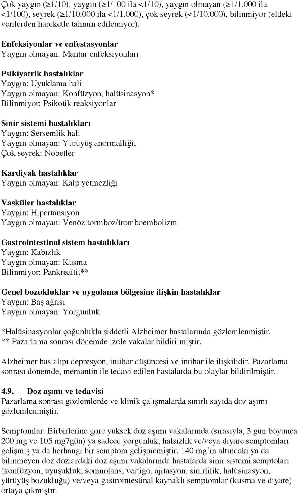 Enfeksiyonlar ve enfestasyonlar Yaygın olmayan: Mantar enfeksiyonları Psikiyatrik hastalıklar Yaygın: Uyuklama hali Yaygın olmayan: Konfüzyon, halüsinasyon* Bilinmiyor: Psikotik reaksiyonlar Sinir