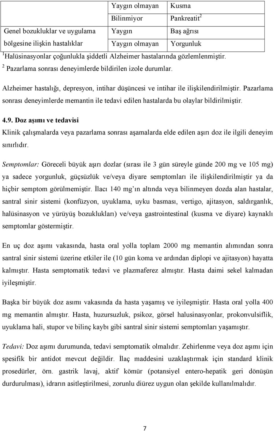 Pazarlama sonrası deneyimlerde memantin ile tedavi edilen hastalarda bu olaylar bildirilmiştir. 4.9.