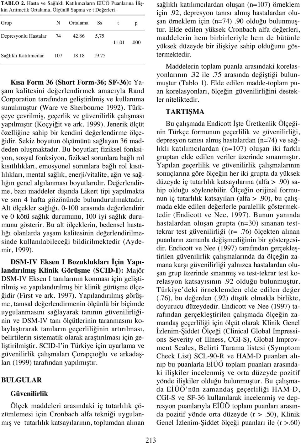 75 K sa Form 36 (Short Form-36; SF-36): Yaşam kalitesini değerlendirmek amac yla Rand Corporation taraf ndan geliştirilmiş ve kullan ma sunulmuştur (Ware ve Sherbourne 1992).