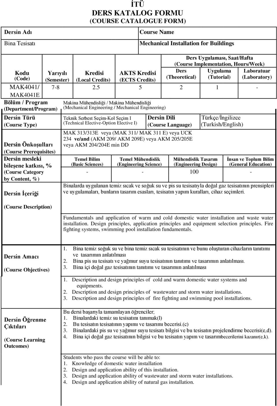5 5 2 1 MAK4041E Bölüm / Program Makina Mühendisliği / Makina Mühendisliği (Department/Program) (Mechanical Engineering / Mechanical Engineering) Dersin Türü Teknik Serbest SeçimKol Seçim I Dersin