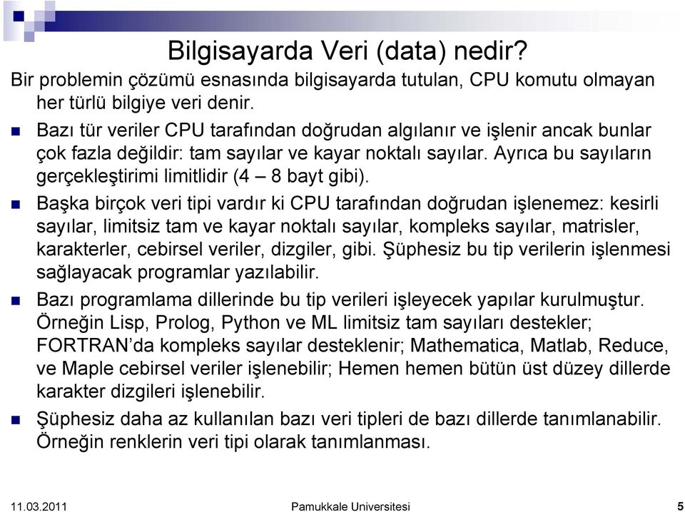 Başka birçok veri tipi vardır ki CPU tarafından doğrudan işlenemez: kesirli sayılar, limitsiz tam ve kayar noktalı sayılar, kompleks sayılar, matrisler, karakterler, cebirsel veriler, dizgiler, gibi.