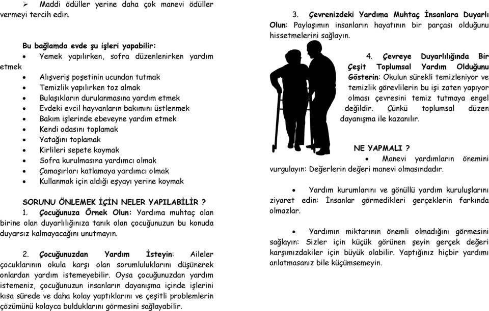 Evdeki evcil hayvanların bakımını üstlenmek Bakım işlerinde ebeveyne yardım etmek Kendi odasını toplamak Yatağını toplamak Kirlileri sepete koymak Sofra kurulmasına yardımcı olmak Çamaşırları