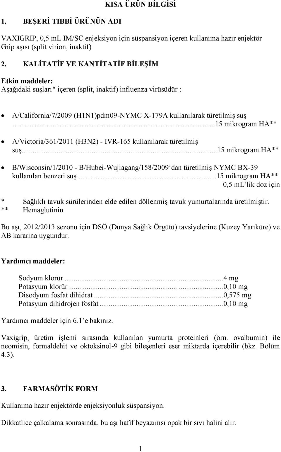 .....15 mikrogram HA** A/Victoria/361/2011 (H3N2) - IVR-165 kullanılarak türetilmiş suş.