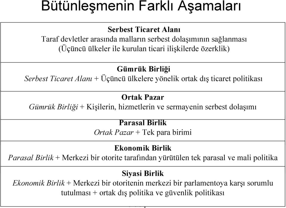 sermayenin serbest dolaşımı Parasal Birlik Ortak Pazar + Tek para birimi Ekonomik Birlik Parasal Birlik + Merkezi bir otorite tarafından yürütülen tek parasal ve