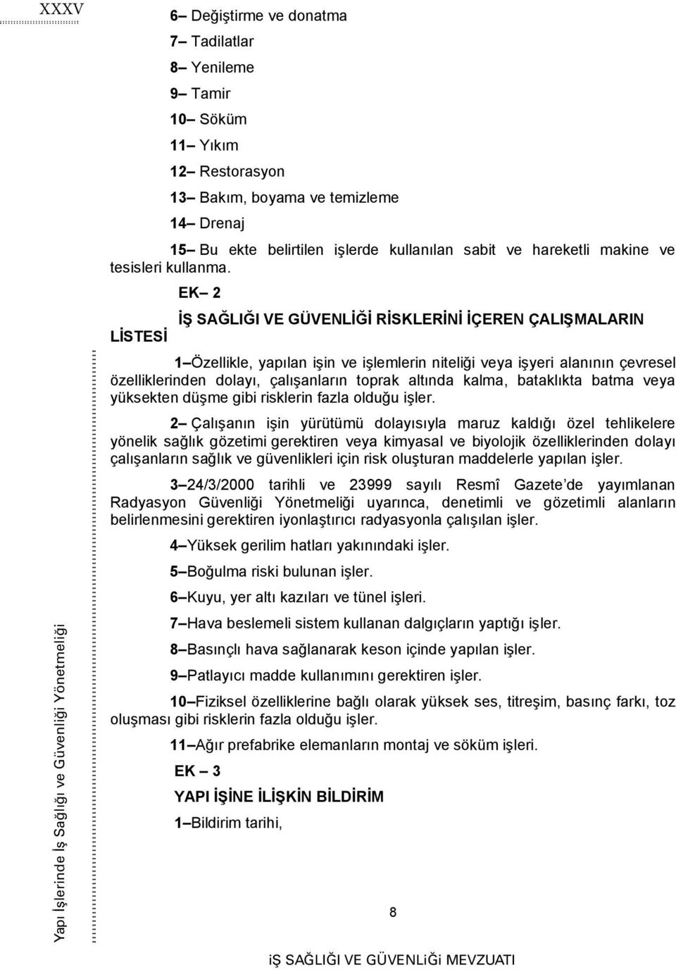 LİSTESİ EK 2 İŞ SAĞLIĞI VE GÜVENLİĞİ RİSKLERİNİ İÇEREN ÇALIŞMALARIN 1 Özellikle, yapılan işin ve işlemlerin niteliği veya işyeri alanının çevresel özelliklerinden dolayı, çalışanların toprak altında