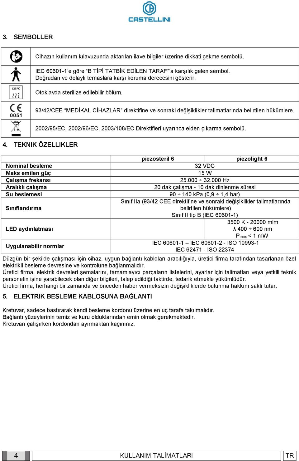 93/42/CEE MEDİKAL CİHAZLAR direktifine ve sonraki değişiklikler talimatlarında belirtilen hükümlere. 2002/95/EC, 2002/96/EC, 2003/108/EC Direktifleri uyarınca elden çıkarma sembolü. 4.