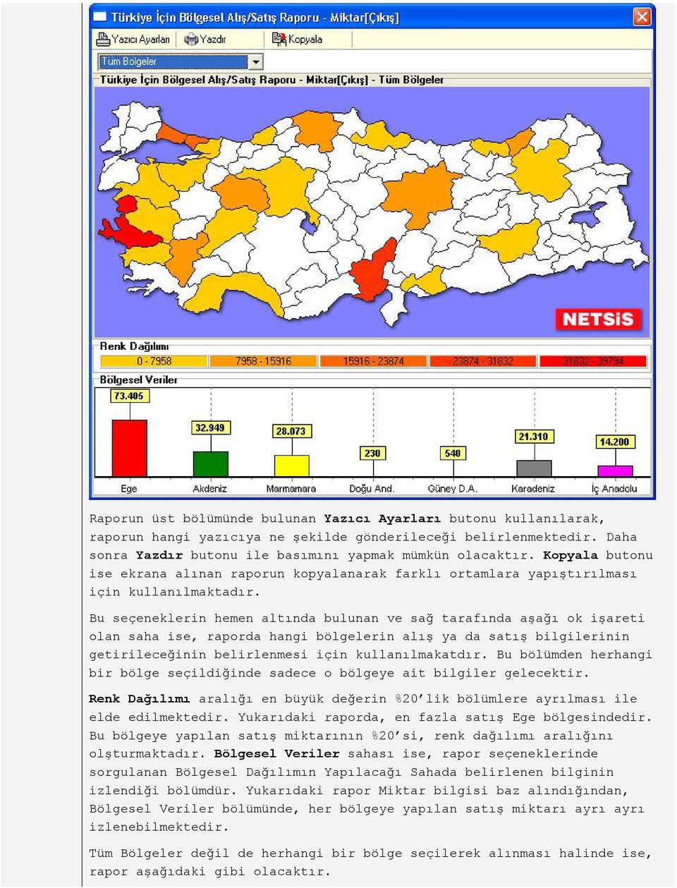 Bu seçeneklerin hemen altında bulunan ve sağ tarafında aşağı ok işareti olan saha ise, raporda hangi bölgelerin alış ya da satış bilgilerinin getirileceğinin belirlenmesi için kullanılmakatdır.